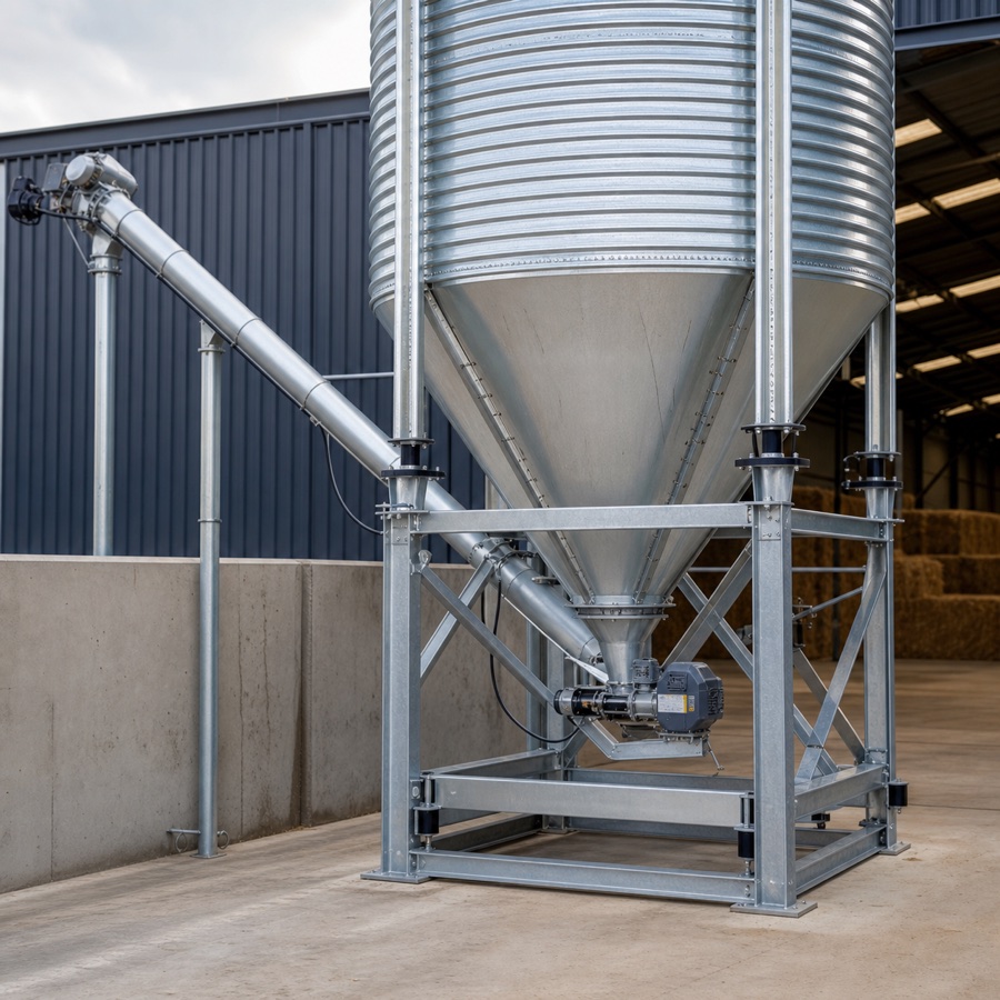 Agricultural bulk feed silo and discharge system on an engineered support structure
