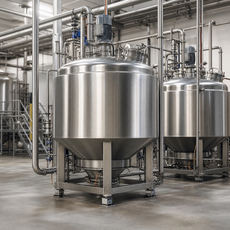 Stainless steel ingredient and mixing tanks in a food and beverage processing plant
