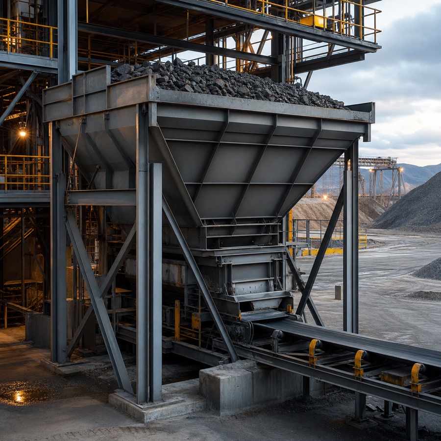 Heavy-duty mining and minerals hopper feeding an industrial conveyor